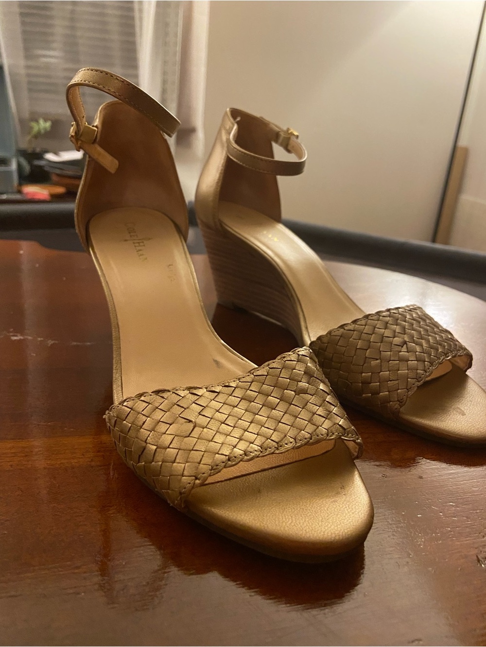 Cole Haan Metallic Gold Wedge Sandals with Woven Toe and Ankle Strap